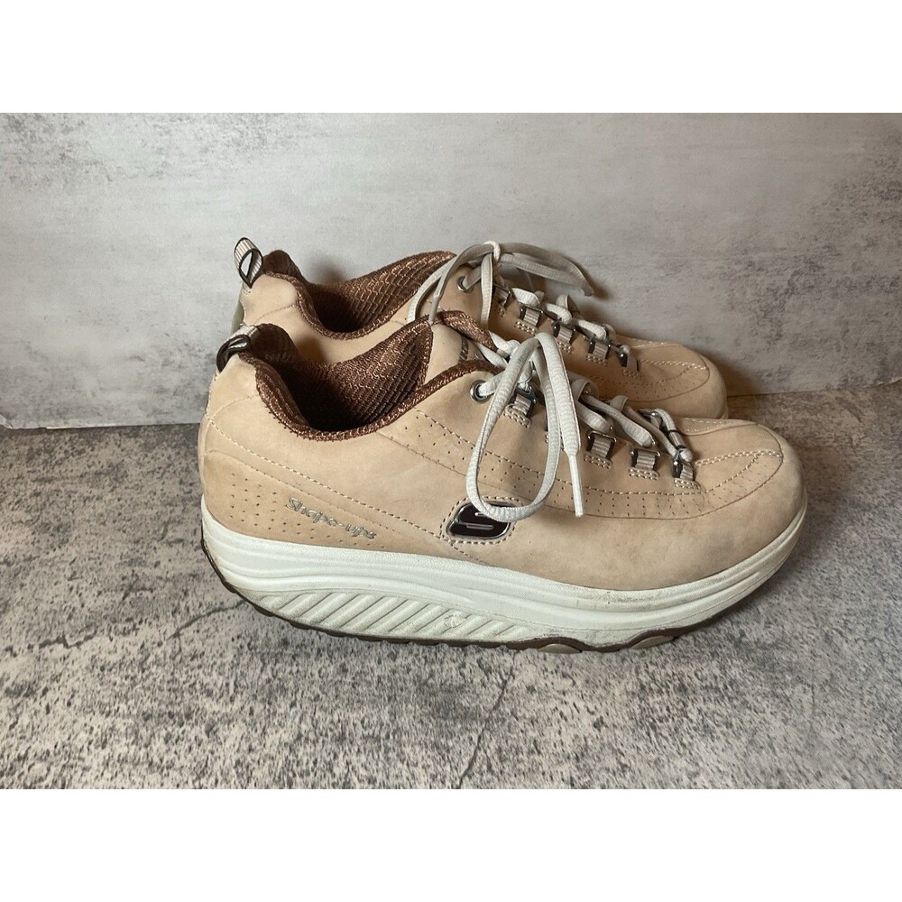 Sketchers Shape Ups Womens Size 7.5 Tan Suede Lace Up Curved Sole Walking Shoe